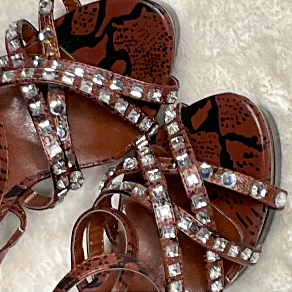 Brown, strappy, platform heels, bedazzled in lots of fun gems and jewels!!